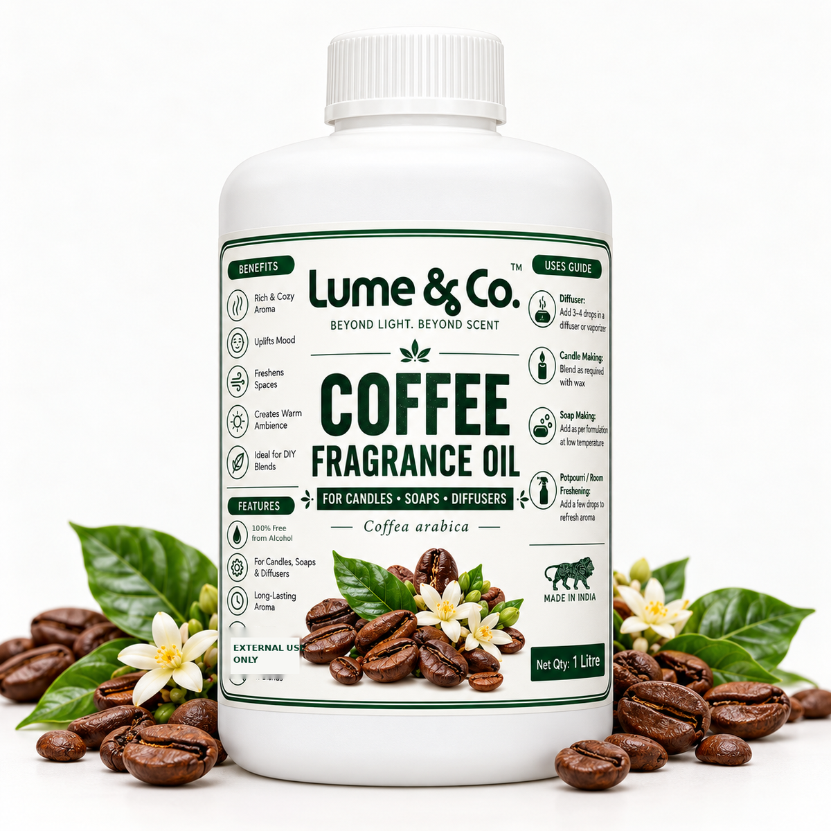 Lume & Co Coffee Fragrance Oil 1 litre coffee bean lifestyle bottle image