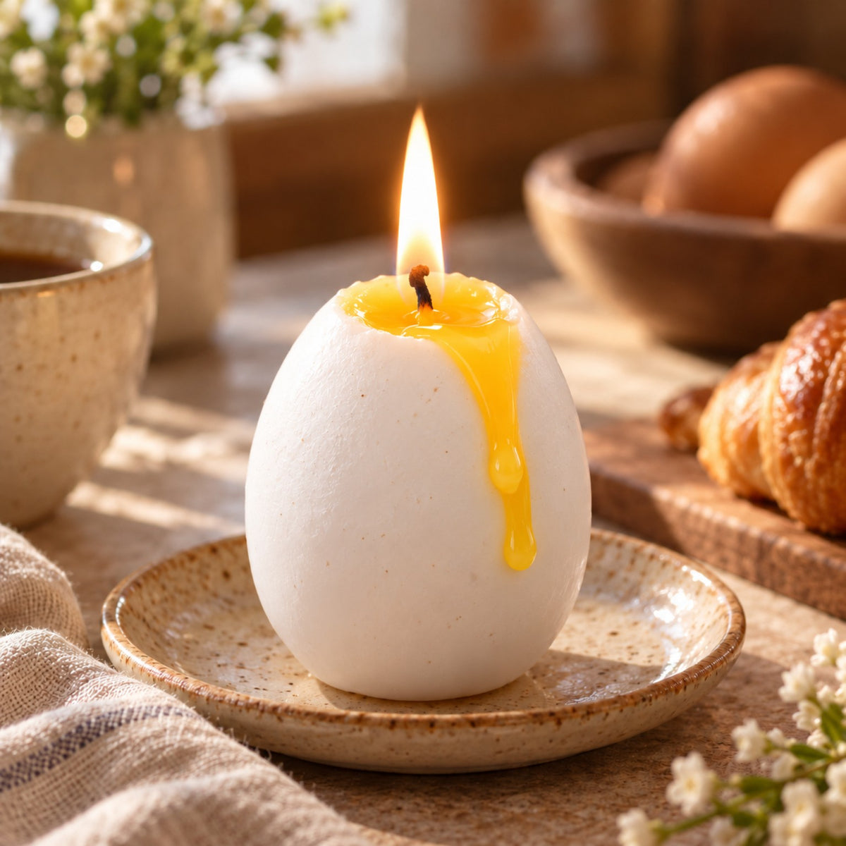 Egg shaped candle burning on heat-resistant ceramic dish with realistic flowing yellow yolk-colour melted wax