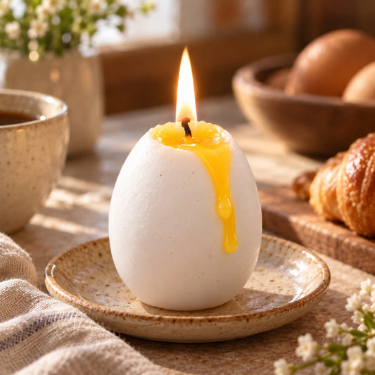 Egg shaped candle burning on heat-resistant ceramic dish with realistic flowing yellow yolk-colour melted wax