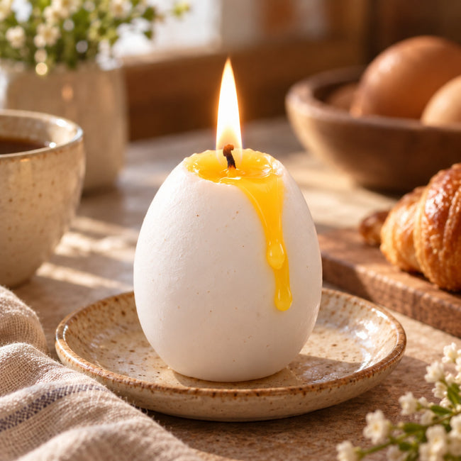 Egg shaped candle burning on heat-resistant ceramic dish with realistic flowing yellow yolk-colour melted wax
