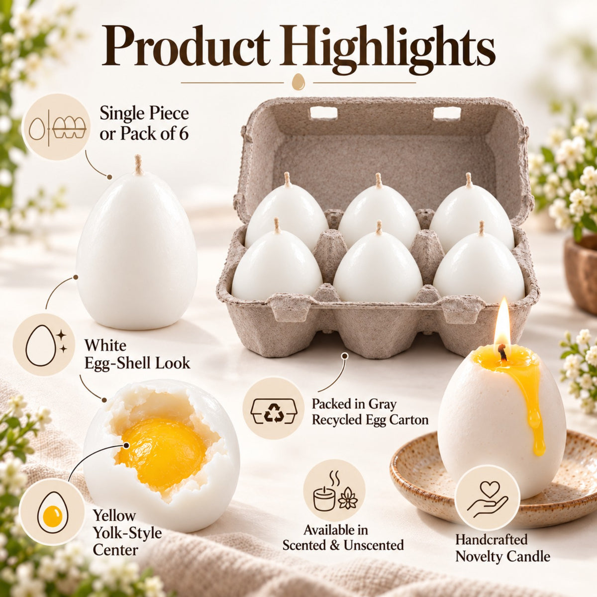Lume and Co egg candle features showing white shell-like appearance, yellow yolk centre, scented and unscented options, six piece carton