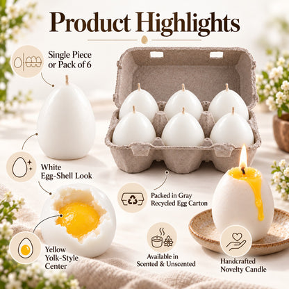 Lume and Co egg candle features showing white shell-like appearance, yellow yolk centre, scented and unscented options, six piece carton