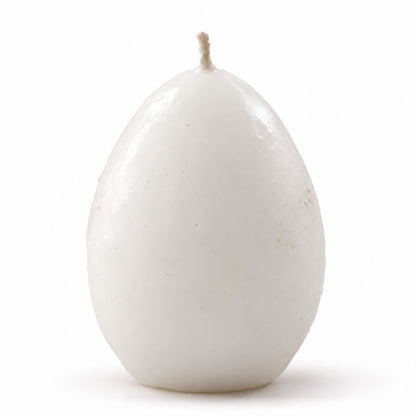 Lume & Co. realistic white egg-shaped candle, single 60 g handmade candle with centered wick on white background