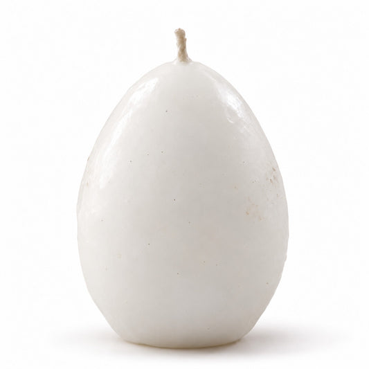 Lume & Co. realistic white egg-shaped candle, single 60 g handmade candle with centered wick on white background