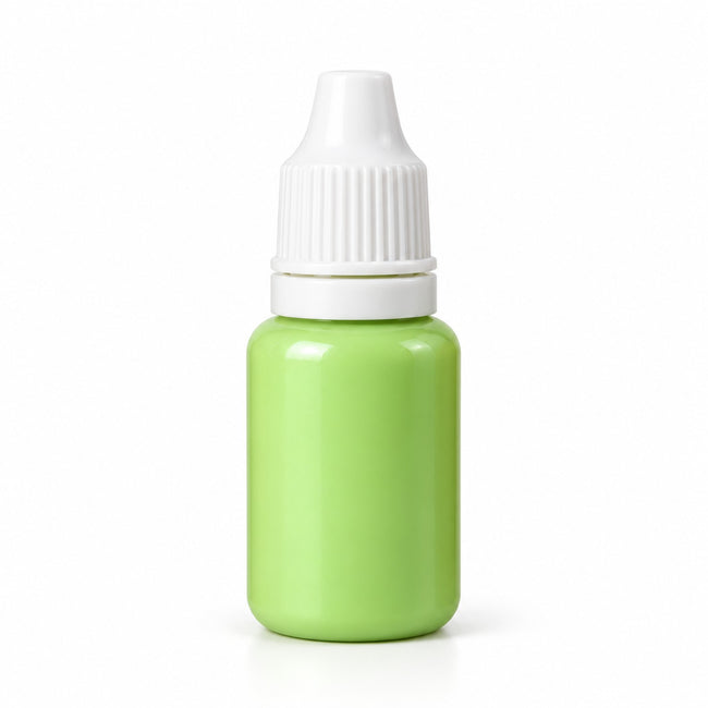 Green liquid candle colour 15 ml sample bottle, Lume & Co., white background