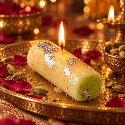 Lume & Co. Kaju Pista Roll scented candle with a lit wick on heatproof brass-style tray in a festive setting