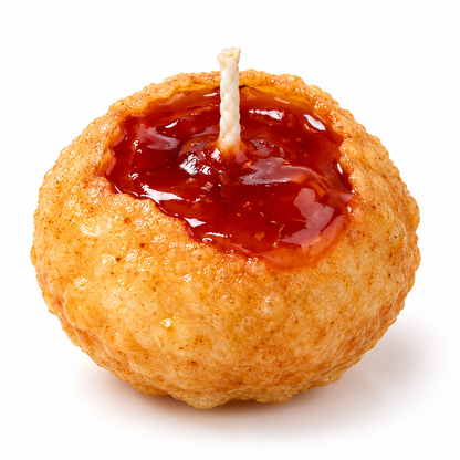 Single 26g Meethi Pani Puri novelty candle on white background with red cherry-sweet chutney inspired gel wax