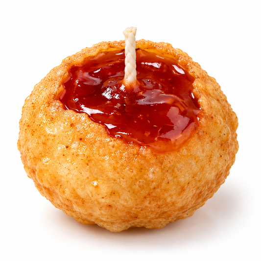Single 26g Meethi Pani Puri novelty candle on white background with red cherry-sweet chutney inspired gel wax