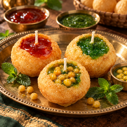 Pani Puri novelty candle collection styled on Indian brass tray with sweet red, green tikhi and classic golgappa variants