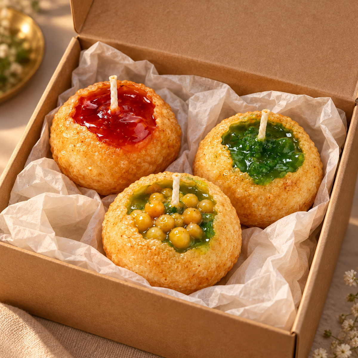 Indian street-food Pani Puri inspired wax candles presented in a festive gift-box concept