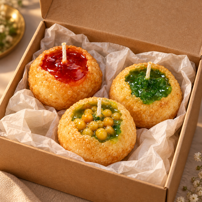 Indian street-food Pani Puri inspired wax candles presented in a festive gift-box concept