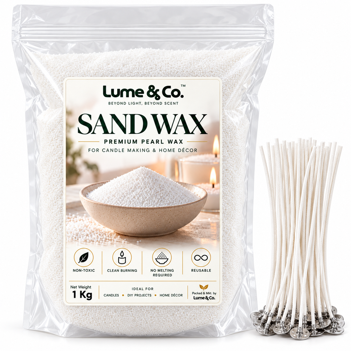 Lume & Co. Pearl Sand Wax 1kg with 20 cotton wicks for candle making