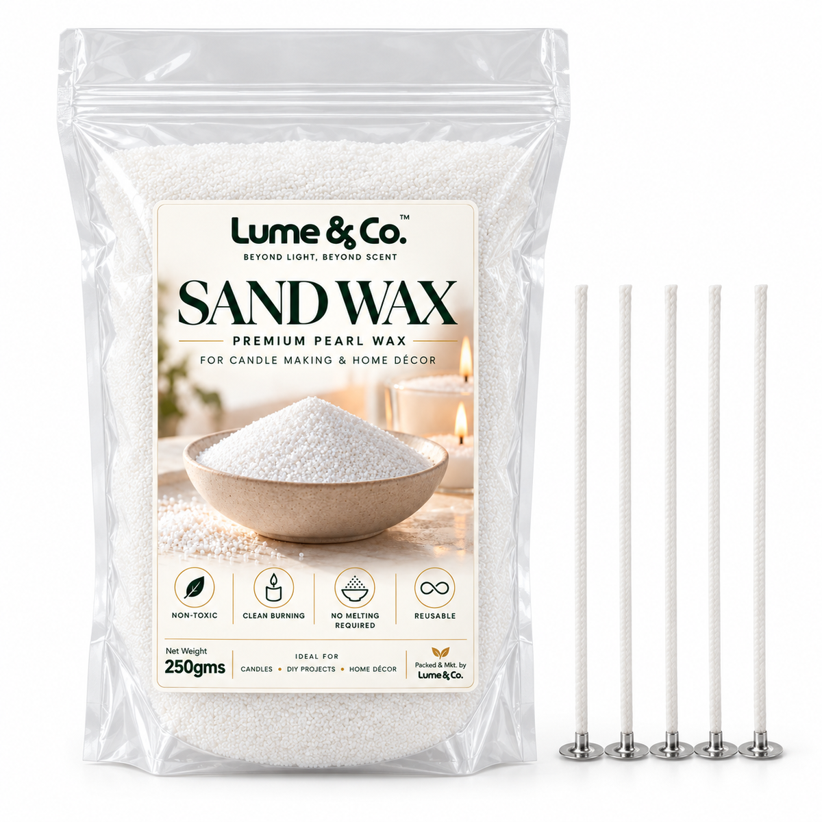 Lume & Co. Pearl Sand Wax 250g with 5 cotton wicks for DIY candle making