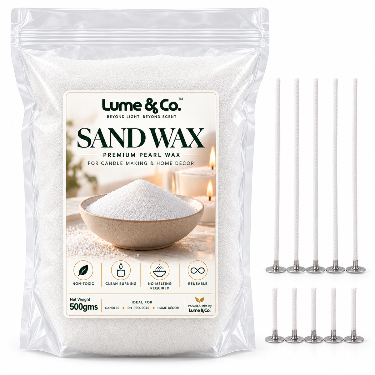 Lume & Co. Pearl Sand Wax 500g with 10 cotton wicks for candle making