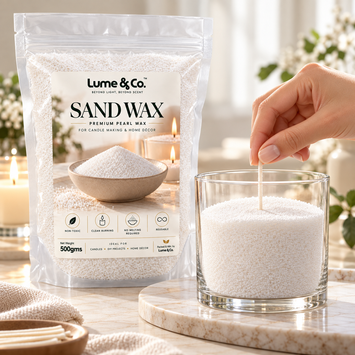 Lume & Co. Pearl Sand Wax used for aesthetic DIY candle making in a glass vessel
