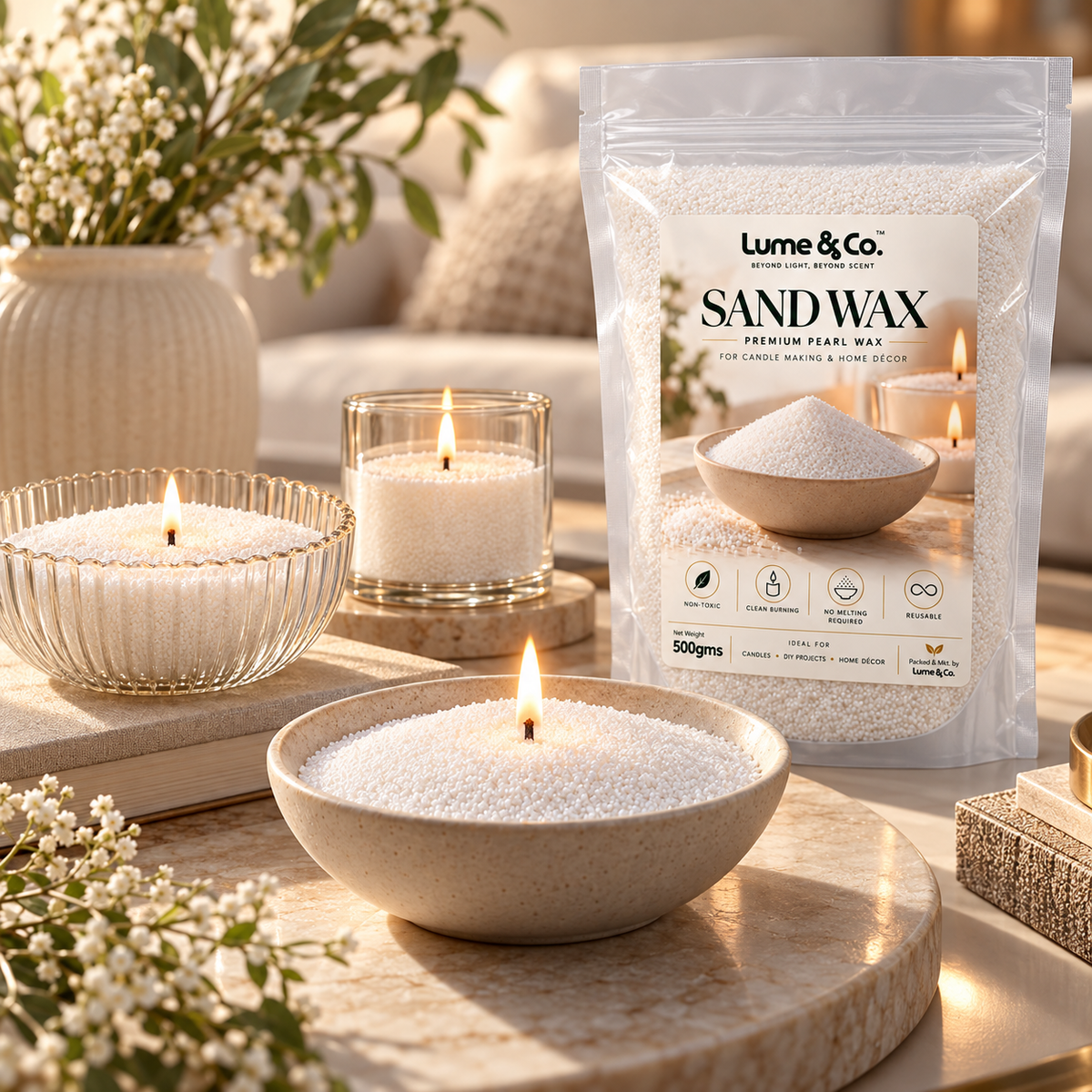 Pearl Sand Wax candle styling in bowls and jars for modern home decor