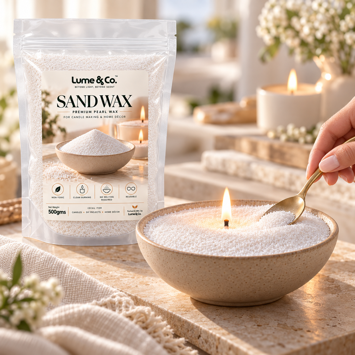 Inserting a cotton wick into ultra-fine Pearl Sand Wax for easy candle making