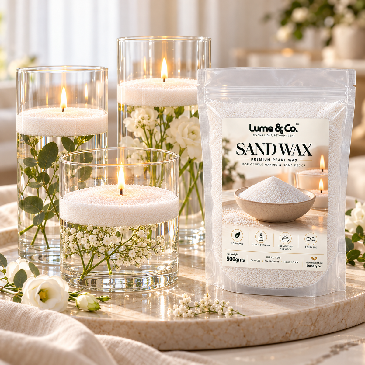 Lume & Co. Pearl Sand Wax lifestyle candle display for tablescape and home decor