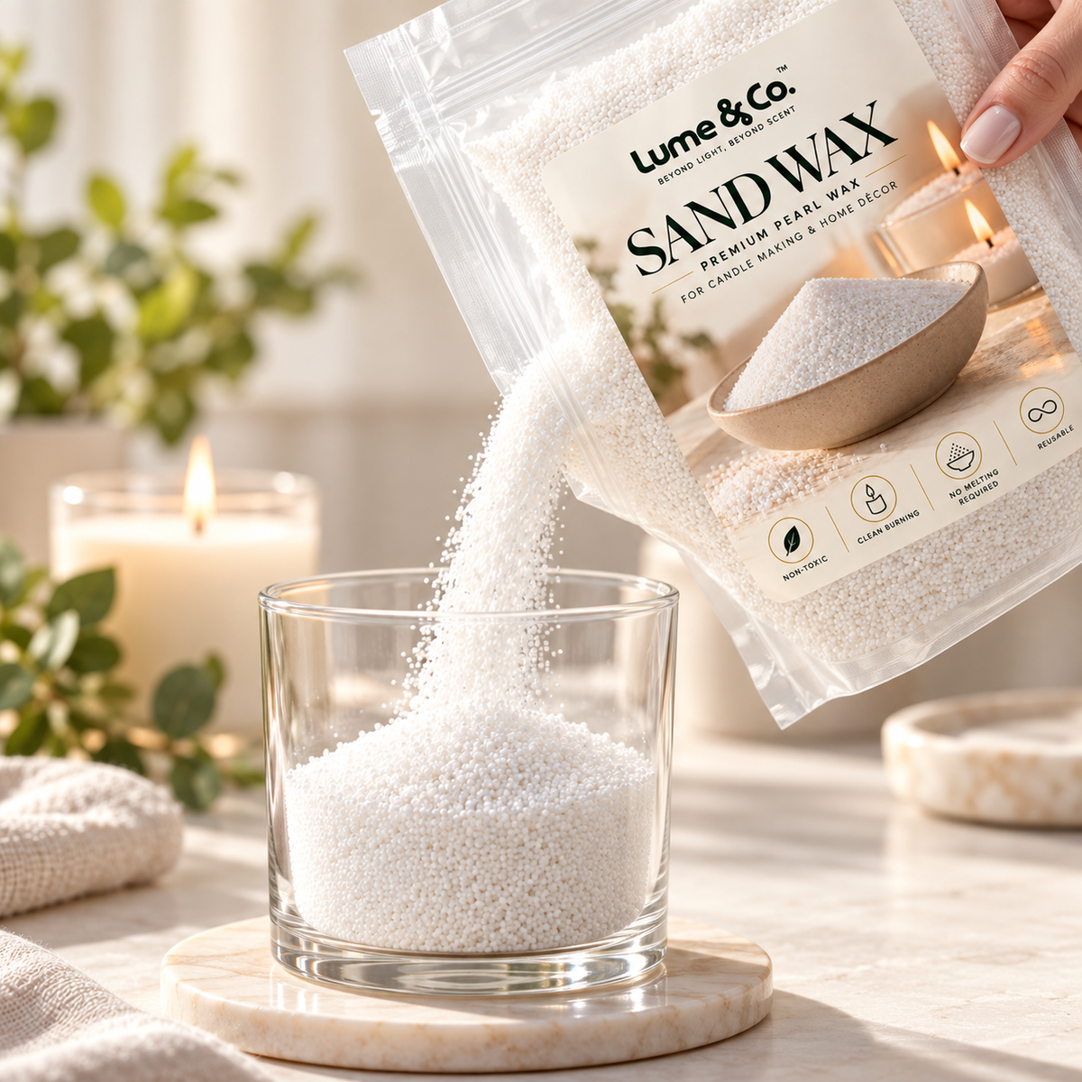 Pouring ultra-fine Pearl Sand Wax into a glass container for DIY candle making