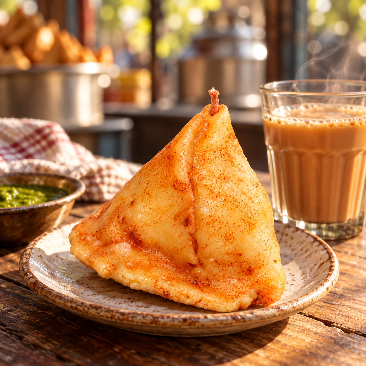 Samosa novelty candle and cutting chai styled in an Indian tea-time scene