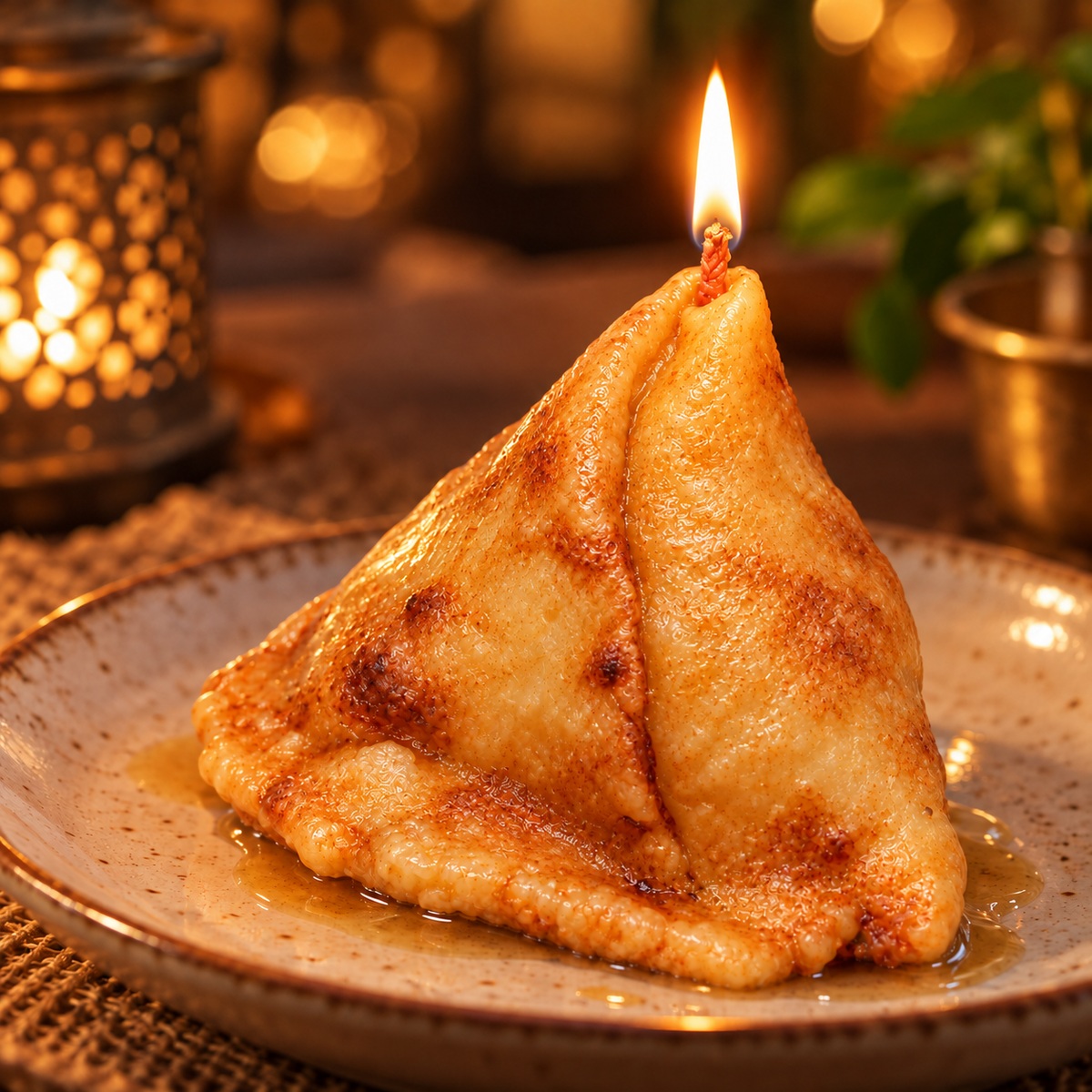 Samosa candle illustrated lit on a candle-safe ceramic tray