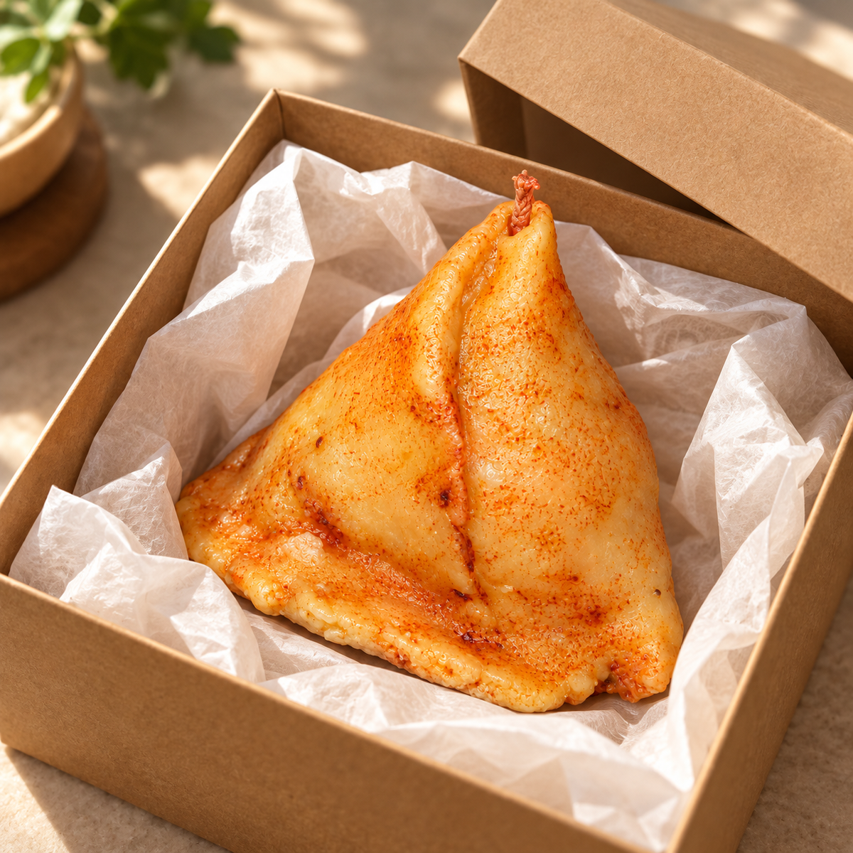 Samosa candle in illustrative kraft gift packaging