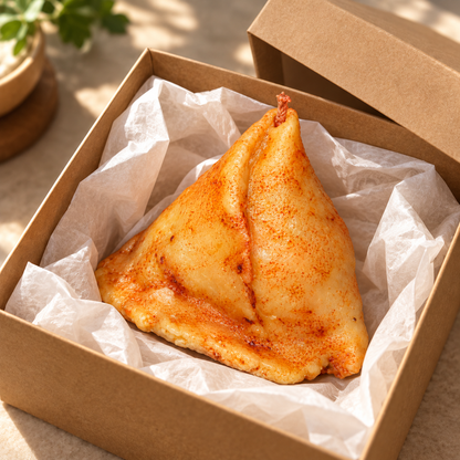 Samosa candle in illustrative kraft gift packaging