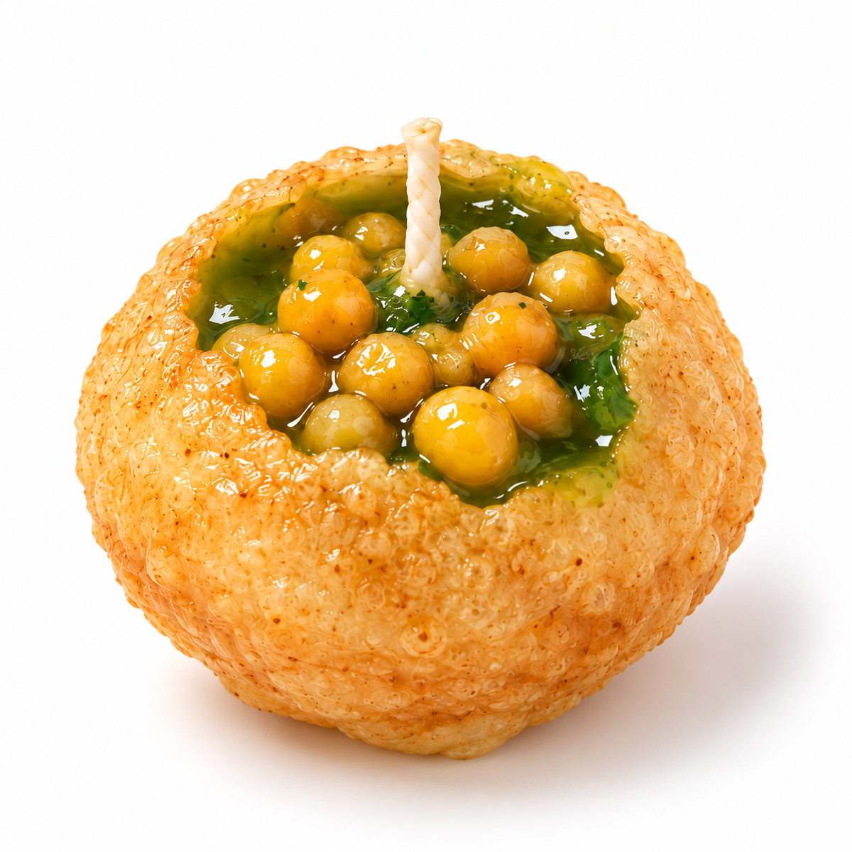 Single 26g Tikhi Pani Puri candle with green mint chutney gel wax and boondi-look wax decorations, white background