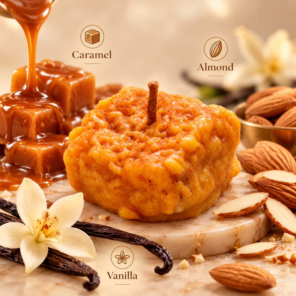 Fragrance notes caramel almond and vanilla for Lume & Co. Dodha Barfi scented candle