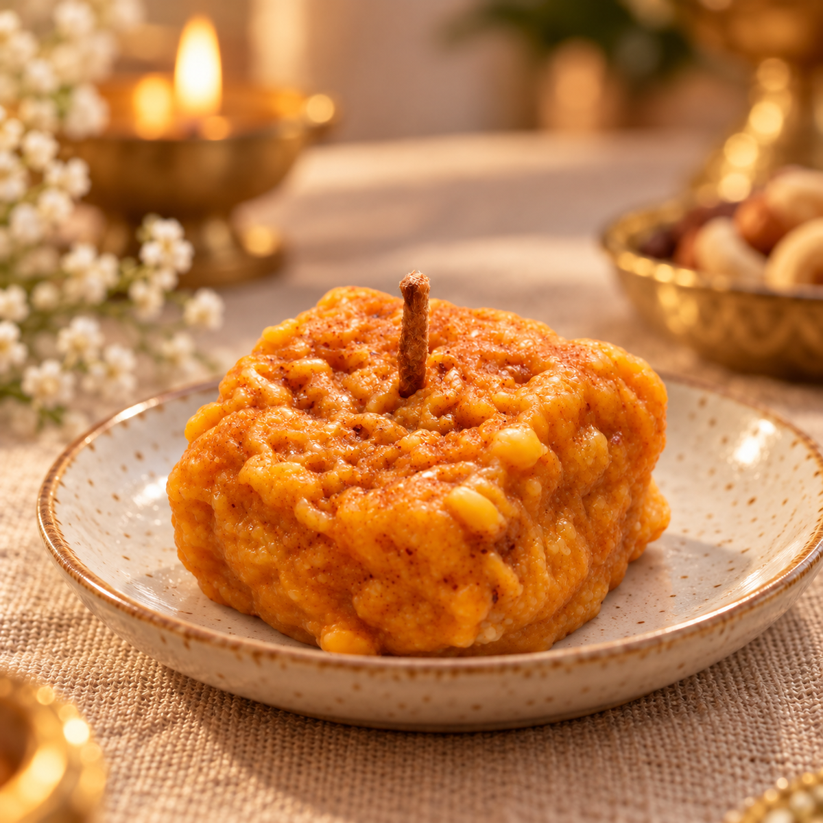 Dodha Barfi scented candle on handmade ceramic plate in festive decor