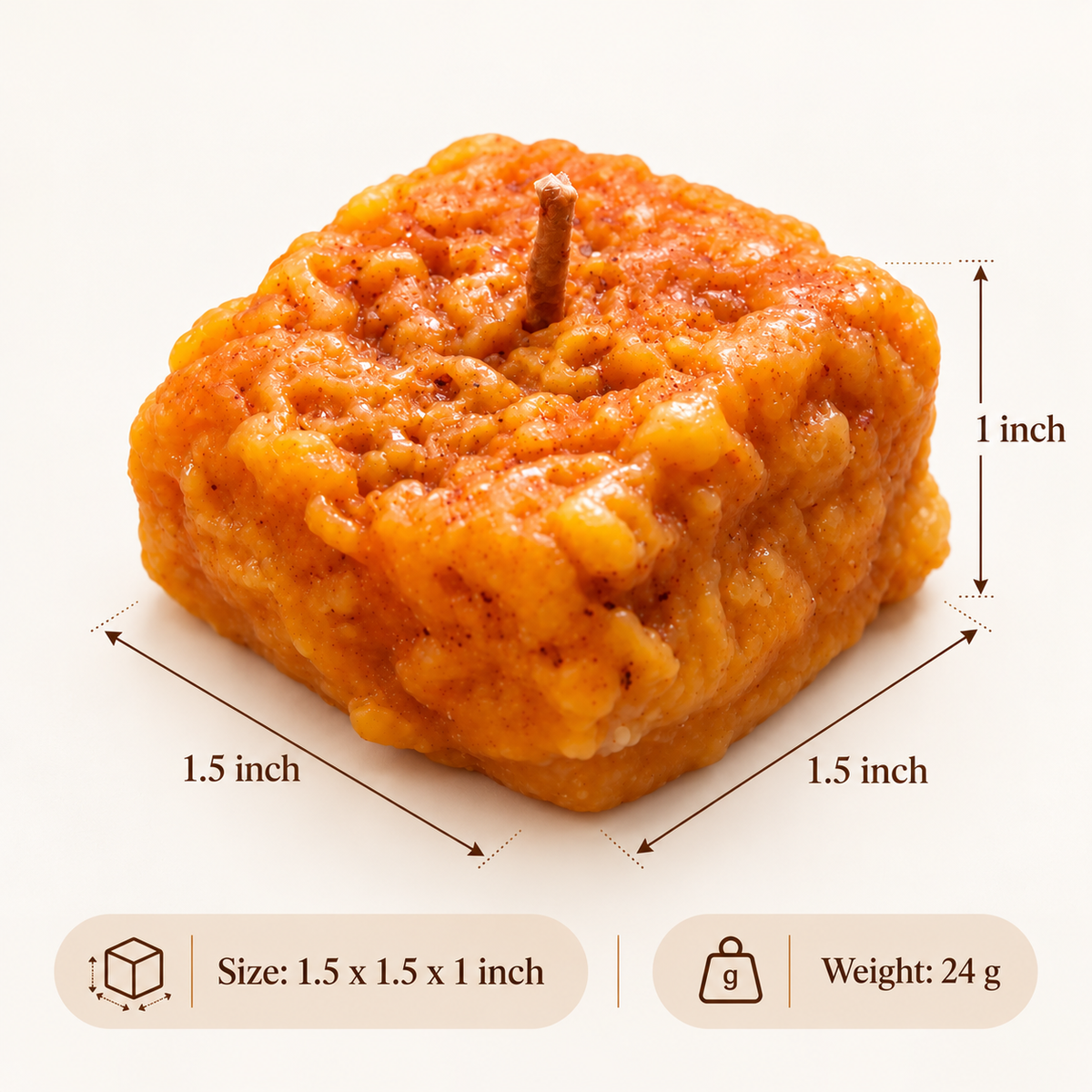 Single Dodha Barfi candle dimensions 1.5 x 1.5 x 1 inch and weight 24 grams