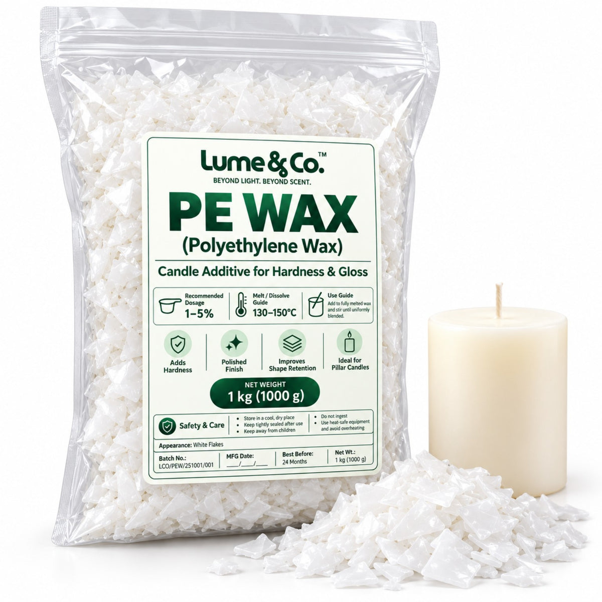 Lume & Co. PE Wax polyethylene wax flakes beside a pillar candle for candle making