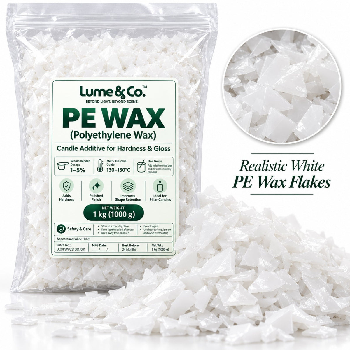 White PE Wax flakes close-up with Lume & Co. polyethylene wax candle making additive pack