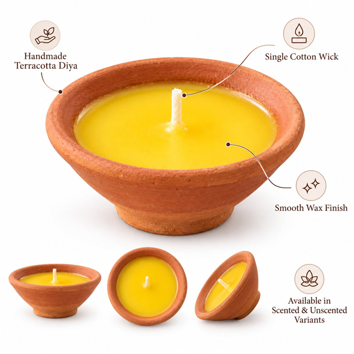Terracotta diya candle with cotton wick, smooth wax finish and scented or unscented options