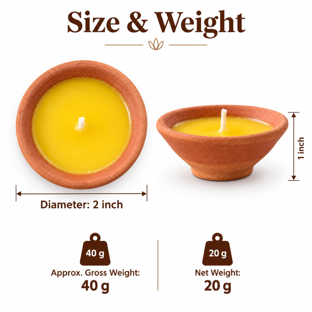 Terracotta diya candle size guide showing 2 inch diameter, 1 inch height and 20 g wax