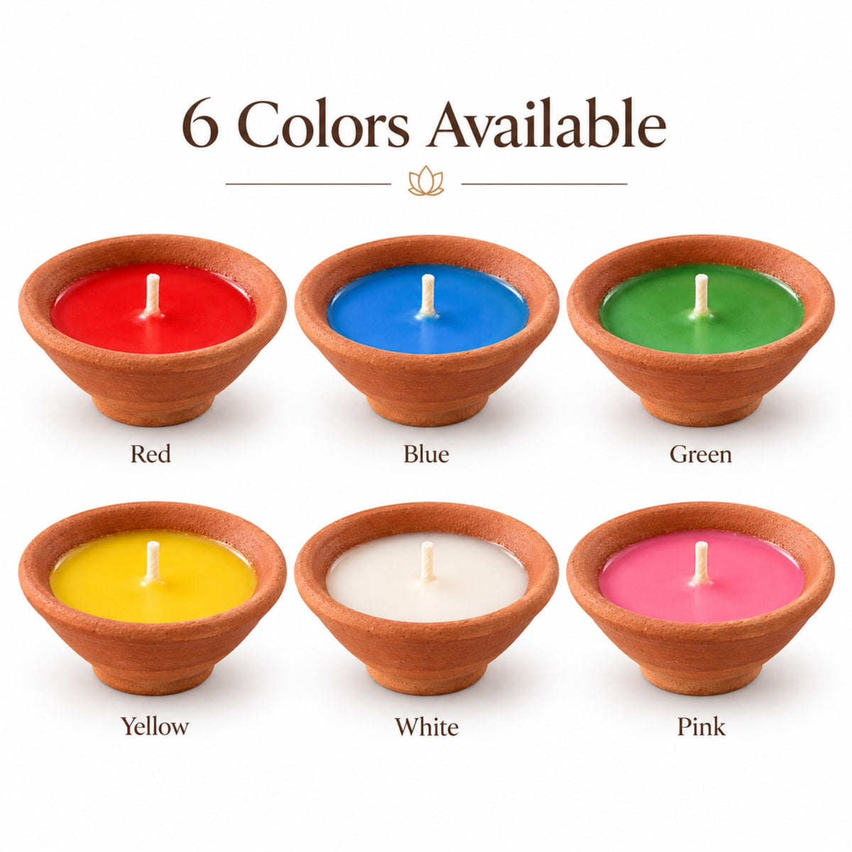 Terracotta diya candles in red, blue, green, yellow, white and pink soy beeswax blend colors