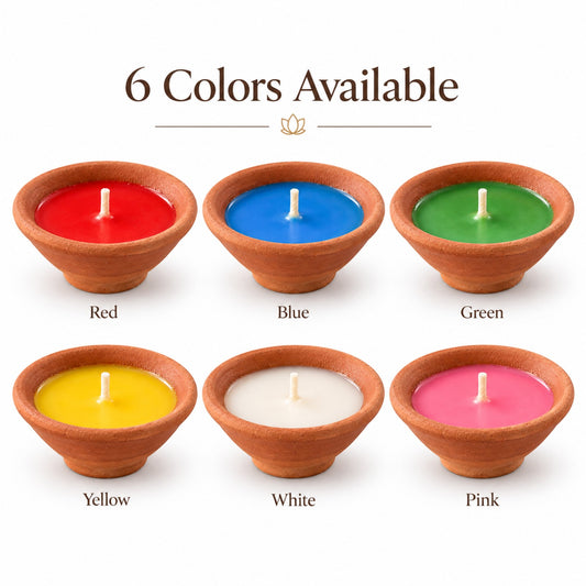 Terracotta diya candles in red, blue, green, yellow, white and pink soy beeswax blend colors