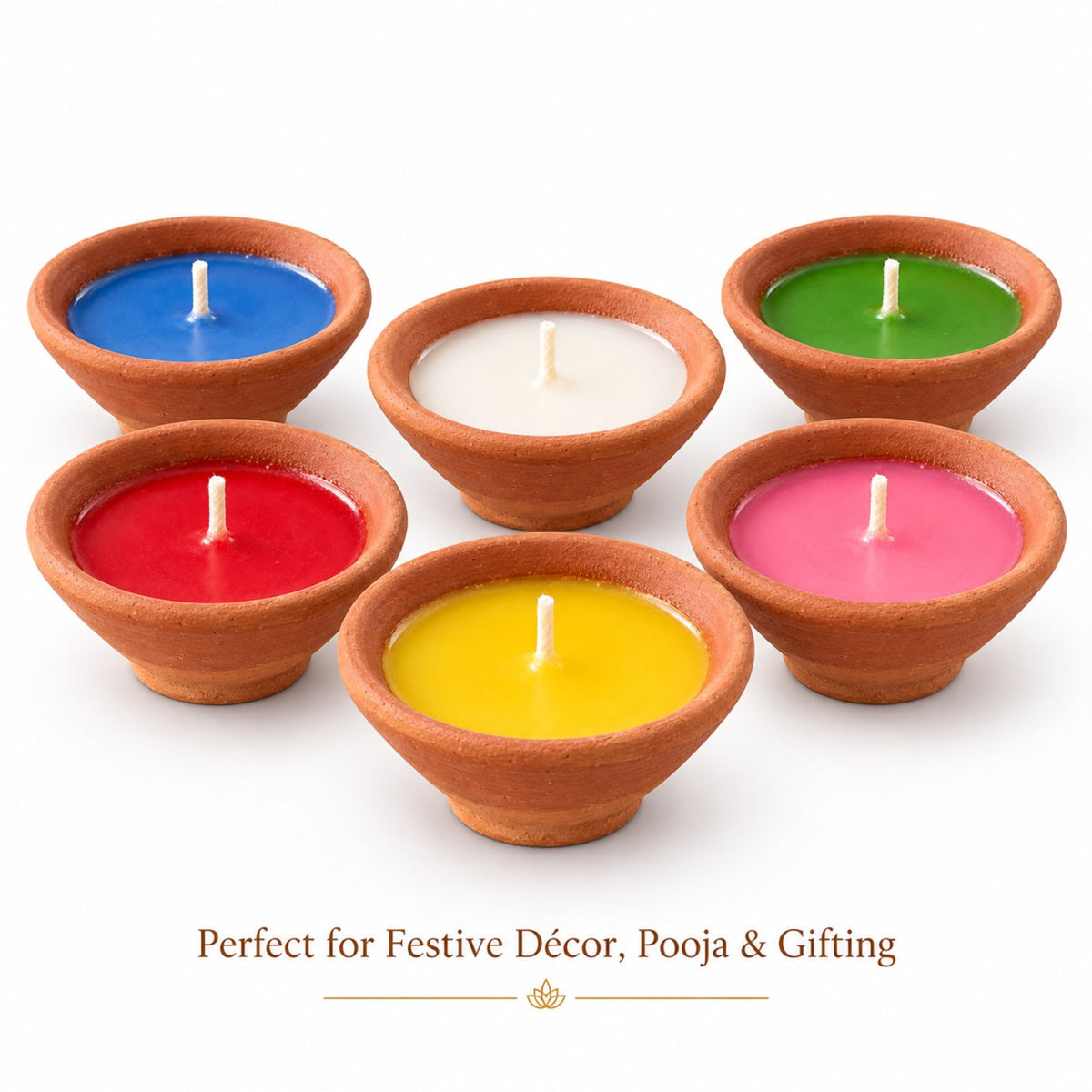 Colorful terracotta diya candles for Diwali pooja, festive decor and gifting