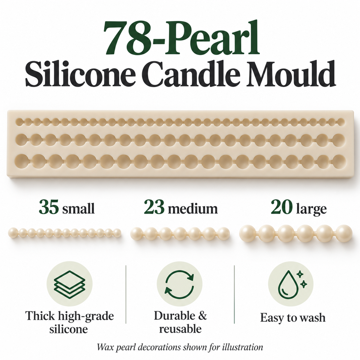 78-pearl mould features: 20 large, 23 medium and 35 small pearls in reusable silicone