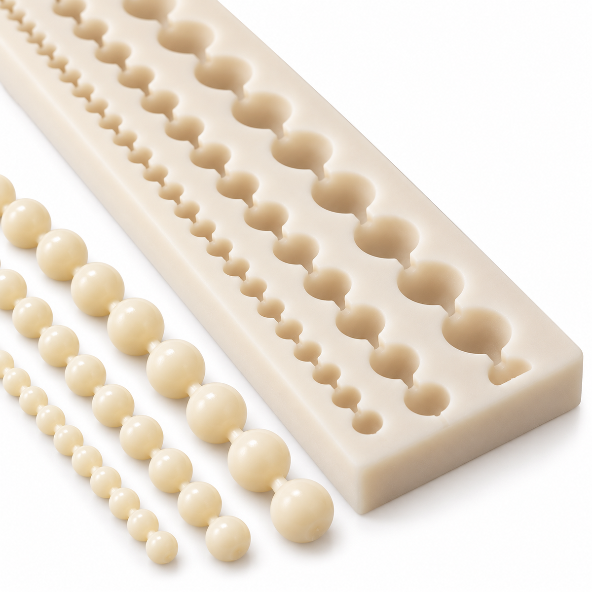 Close-up of pearl cavities, connecting channels and thick silicone mould walls