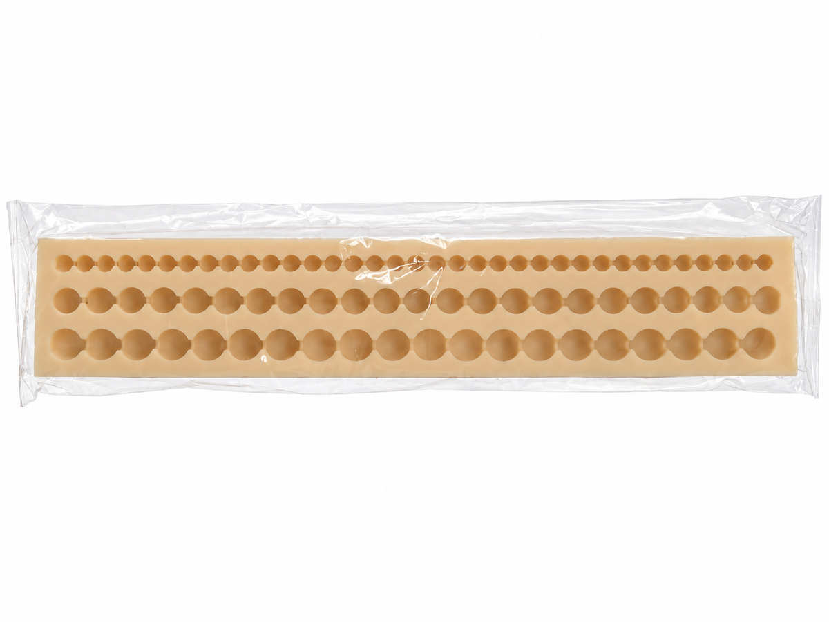 White-background view of the pearl silicone mould in its clear protective pouch