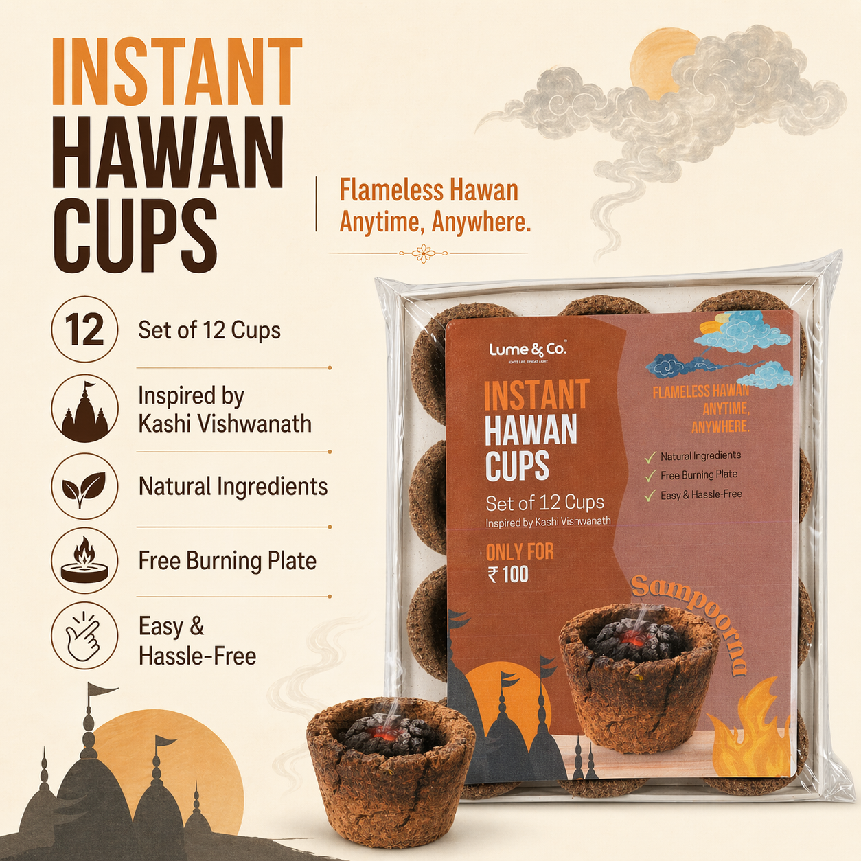 Lume & Co. Sampoorna Instant Hawan Cups set of 12 inspired by Kashi Vishwanath, made with natural ingredients and designed for flameless hawan anytime anywhere, including free burning plate for easy hassle-free pooja, havan and home spiritual rituals