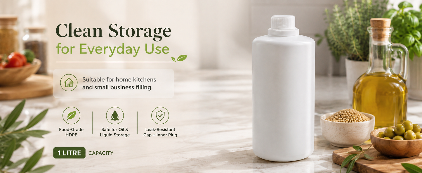1 Litre HDPE Plastic Bottle with Inner Plug & Cap – Food Grade, White