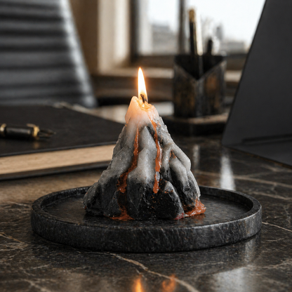 Decorative candle shaped like a volcano on a marble surface with a blurred office background.