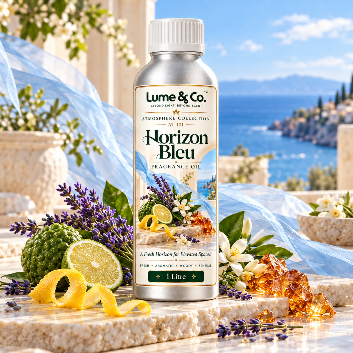A 1 litre bottle of Lumé & Co. Horizon Bleu fragrance oil stands on a stone ledge with Mediterranean scenery in the background.