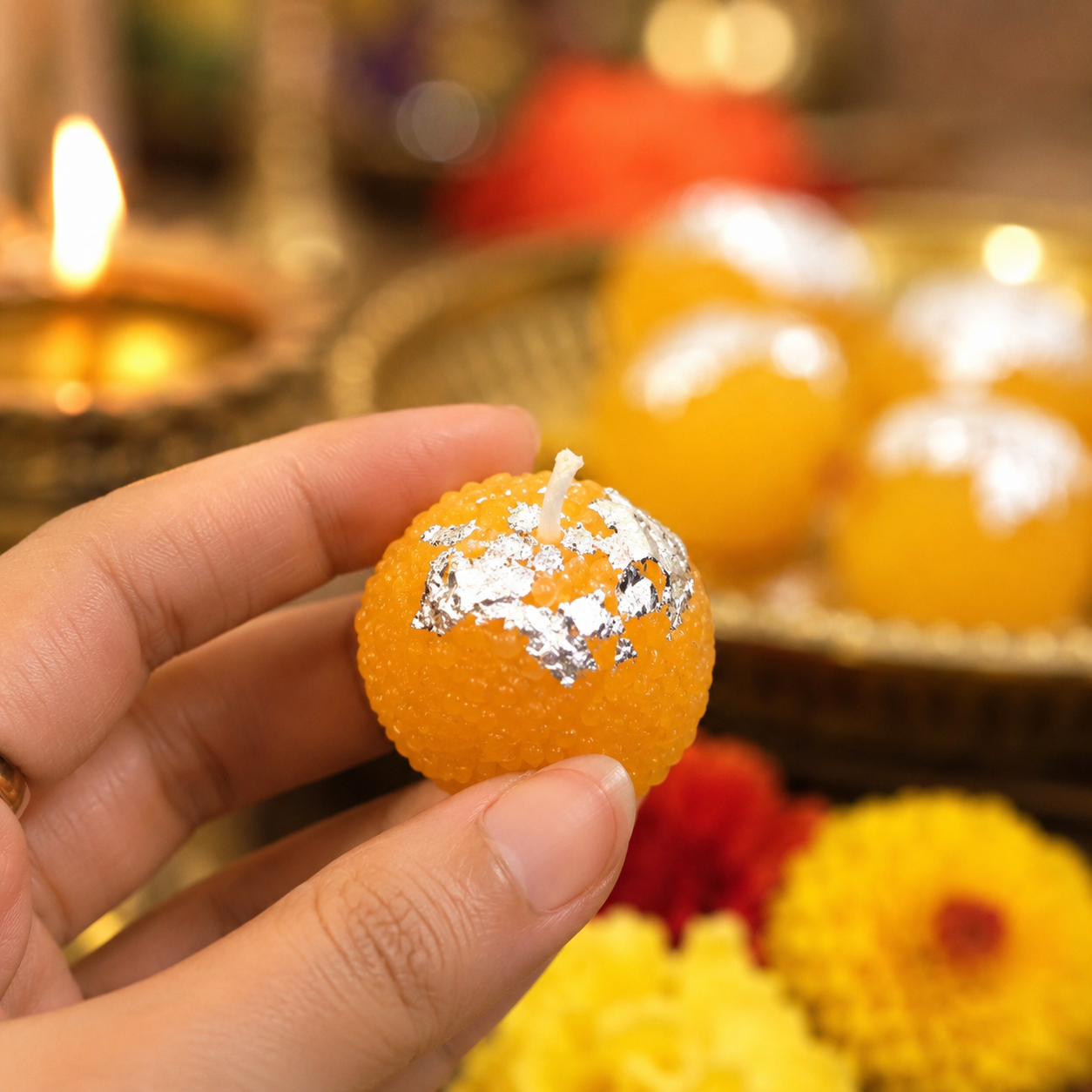 Scented Motichoor Ladoo Candle Gift Box | Premium Laddu-Shaped Decorative Candles for Diwali, Pooja, Wedding & Hamper Gifts