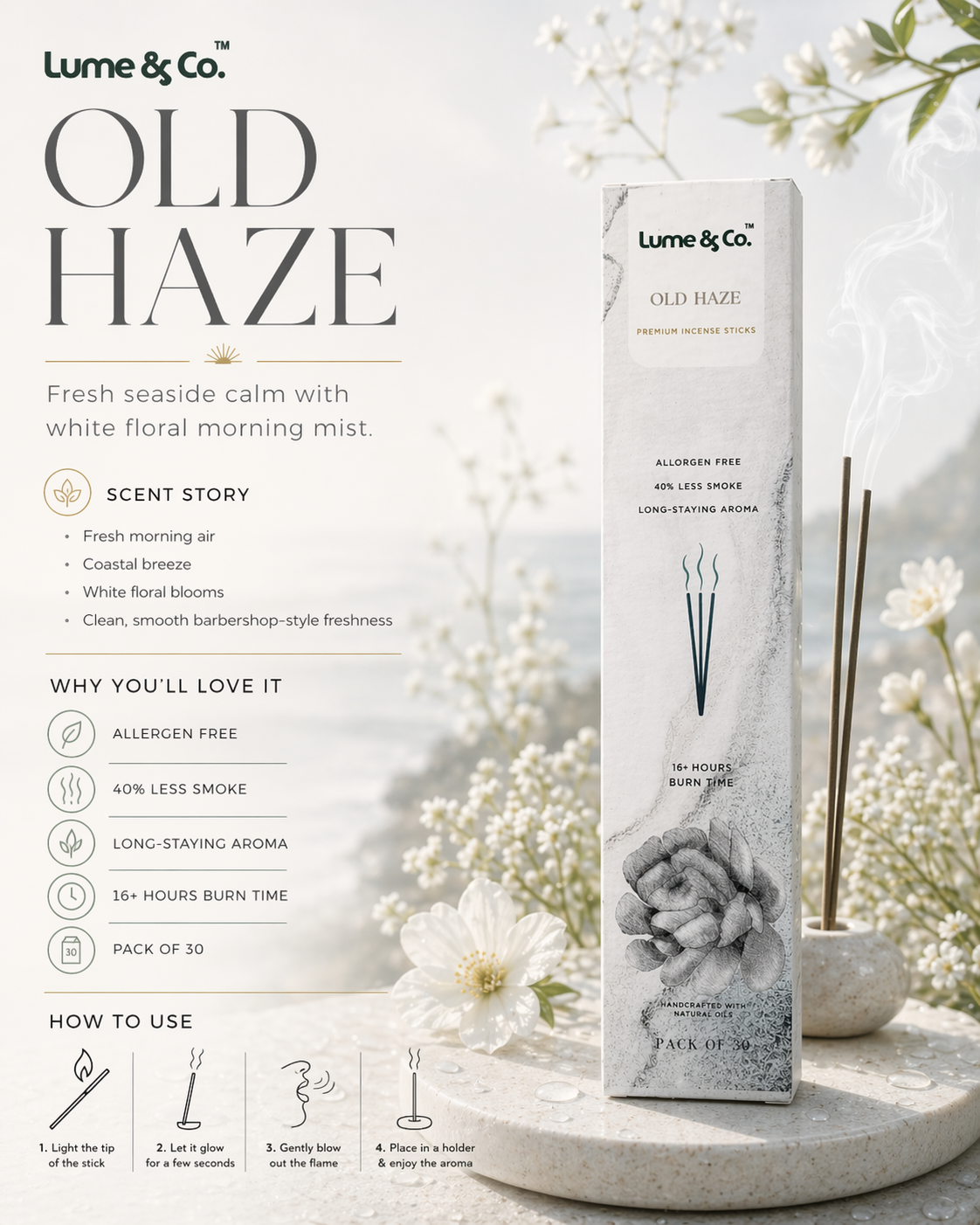 OLD HAZE Räucherstäbchen – Holzig-erdige Agarbatti für entspannende Abende | Vintage-Parfüm-Mischung | Packung mit 30 Stäbchen