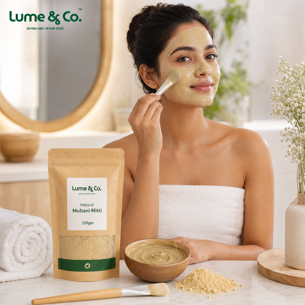 Woman applying a natural mud mask with Lume & Co. products on a bathroom counter.