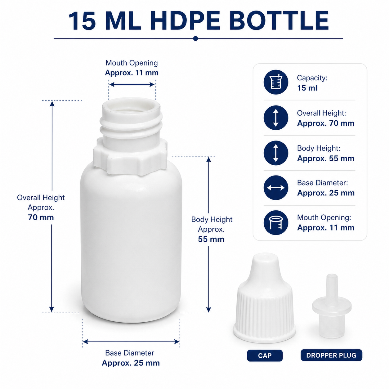 15ml HDPE Dropper Bottles with Plug & Cap – White, Food Grade Plastic | For oil, color, liquid storage