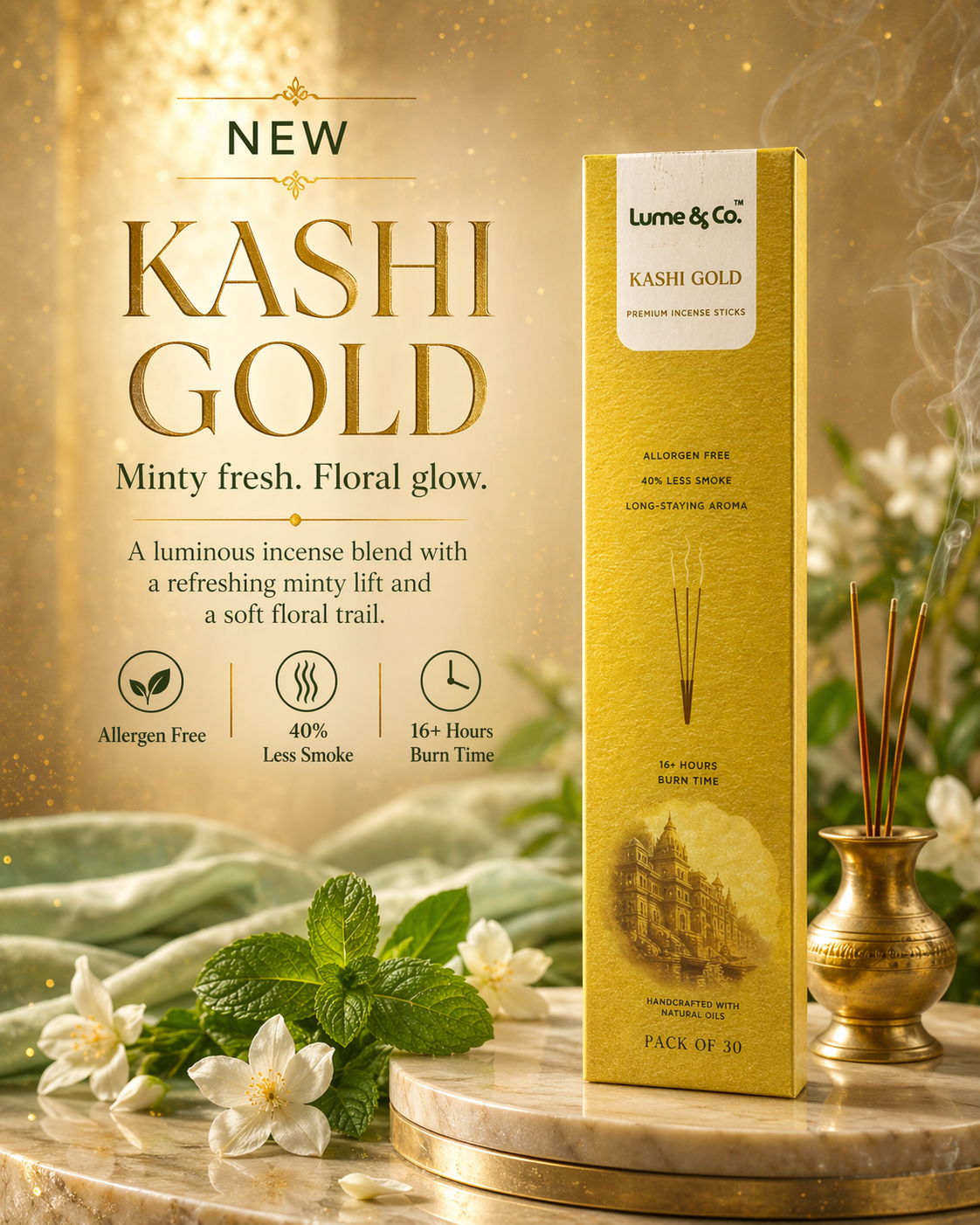 Kashi Gold Räucherstäbchen – Heiliger Blumenduft inspiriert von den Ghats von Varanasi | Premium Langzeitbrenner Agarbatti – 30er Pack